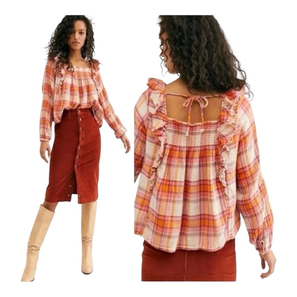 We The Free Siena Orange Plaid Ruffle Pullover - Cozy Meets Cute